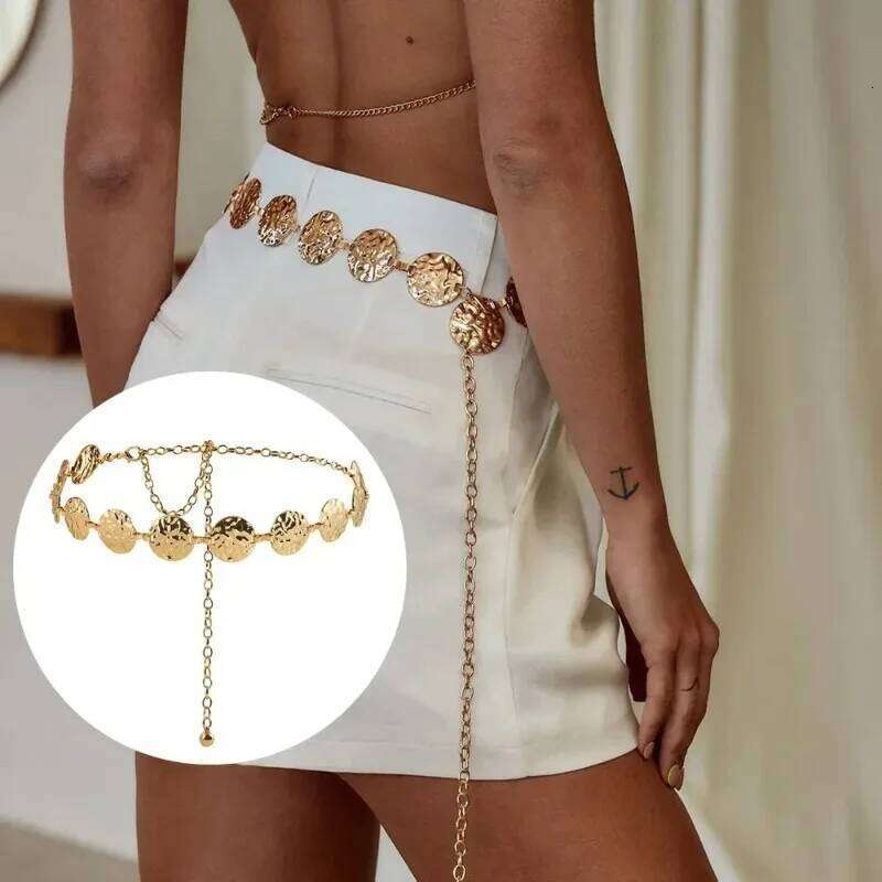 Womens Elegant Ladies Metal Thin Gold Round Irregular Body Chain Sexy Accessory Dress belt Waist Accessories Fashion S260304