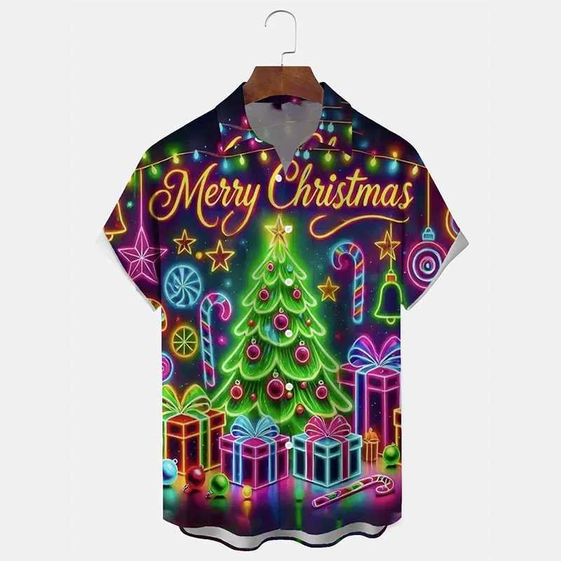 3D Print Neon Theme Christmas Tree Graphic Hawaiian Shirts New Year Merry Christmas Short Sleeve Button Shirt Xmas Trend New Tee M260305