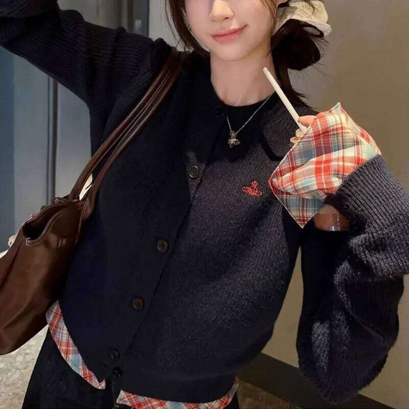 Vintage Plaid Patchwork Sweaters Female Clothing Korean Fake Two Pieces Autumn Winter Fashion Embroidery Loose Knitted Jumpers XJ260305