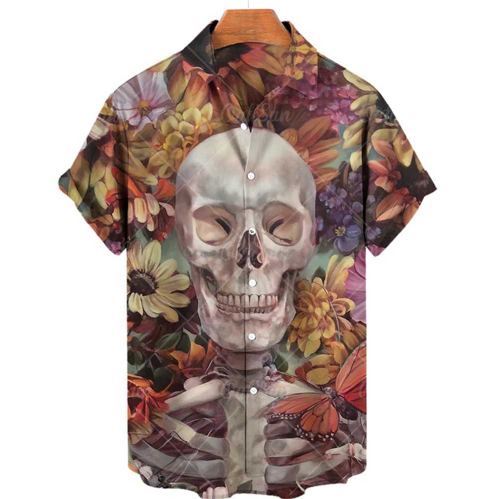 2024 Fashion Mens Short Sleeve 3d Skull Print Hawaiian Shirts Summer Casual Tops Beach Shirts For Men 5xl Mens V-neck Shirt M260305