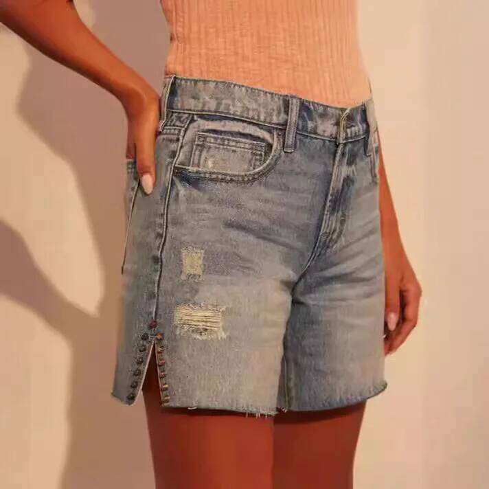 Denim Shorts Women Summer Jeans Vintage Solid Button Zipper High Street Casual Short Pants Split Lady Pockets Streetwear XJ260305