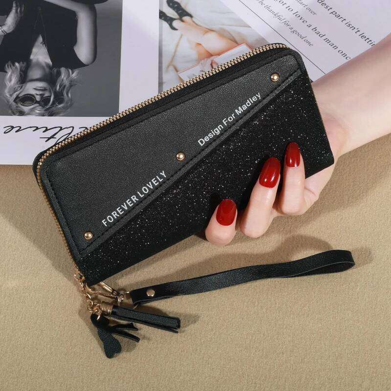KISMIS New Long Women's Zipper Wallet - Korean Splicing, Color Contrast, Tassel, and Rivet Details C260304
