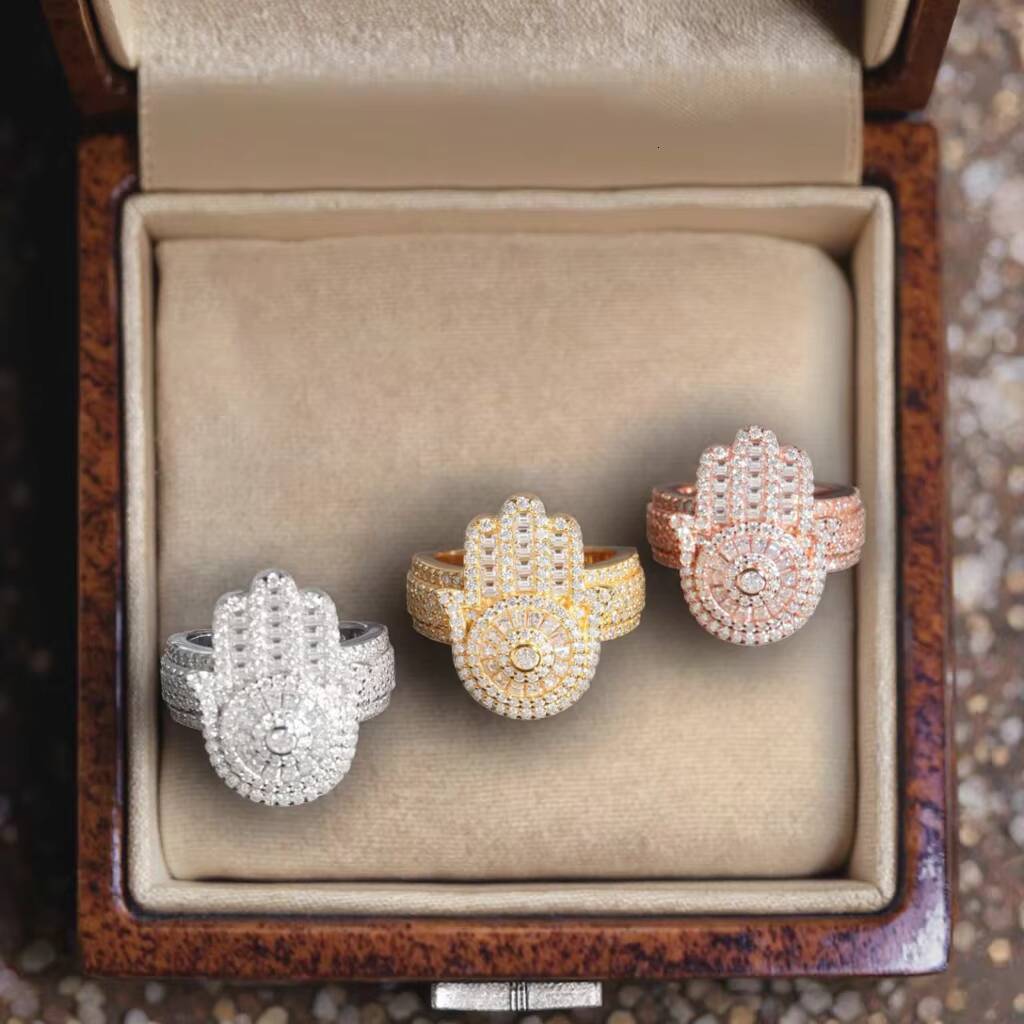 New Arrivals 925 Sterling Silver VVS Moissanite Hamsa Ring Hip Hop Style Iced Out Mens Diamond Moissanite Ring
