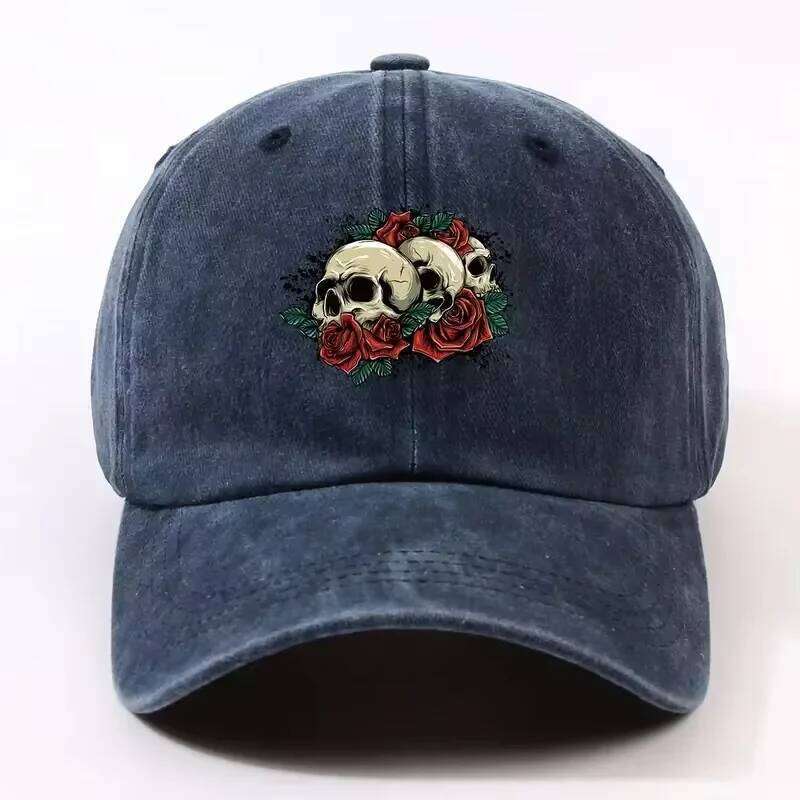 The man's stylish washed-out baseball cap features a hip-hop style skull and rose pattern printed on it. Y260304