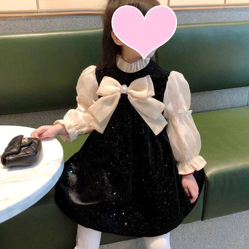 Autumn for Girls Birthdays Spring French Style Black Outer Wear Sweet Princess Dress Bow Clothing Z260304