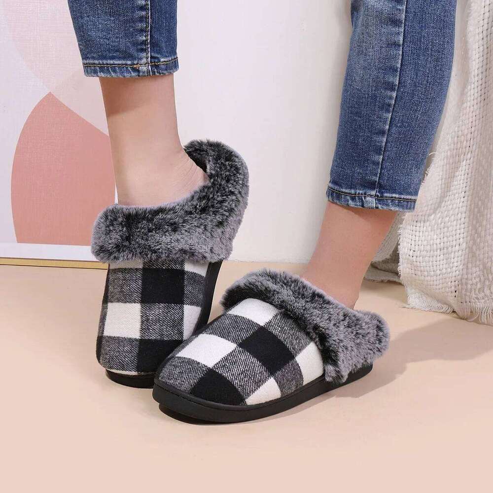 Kidmi Indoor Lattice Wool Comfortable Warm Fleece Winter Non-slip Thickened Home Cotton Slippers