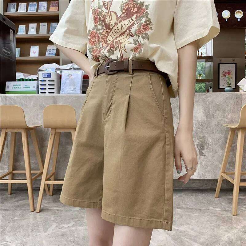 Summer High Waist Wide Leg Bermuda Shorts for Women Loose Straight Casual Pants with Belt Korean Style Button Detail XJ260305