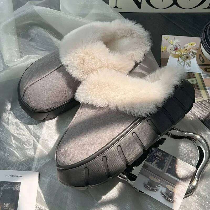 Women Indoor Fluffy Slippers Winter Warm Shoes Soft Faux Fur Thick Sole Light Weight Anti-slip Couples Home Floor Slipper