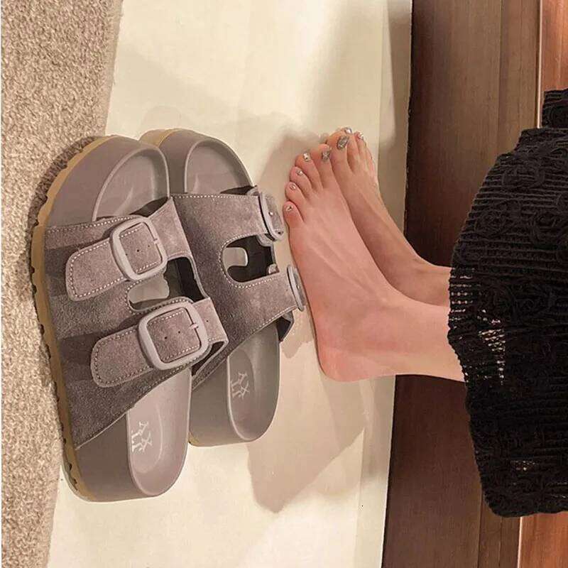 Kidmi Fashion Retro Trend Beach Round-headed Shoes Summer New Casual With Buckle Women Slippers