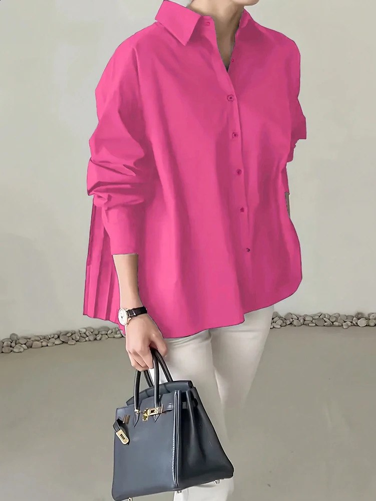 Plus Size 2025 Spring and Summer Womens POLO Collar Pleated Casual Single Row Button Shirt Blouse Solid Color 260228