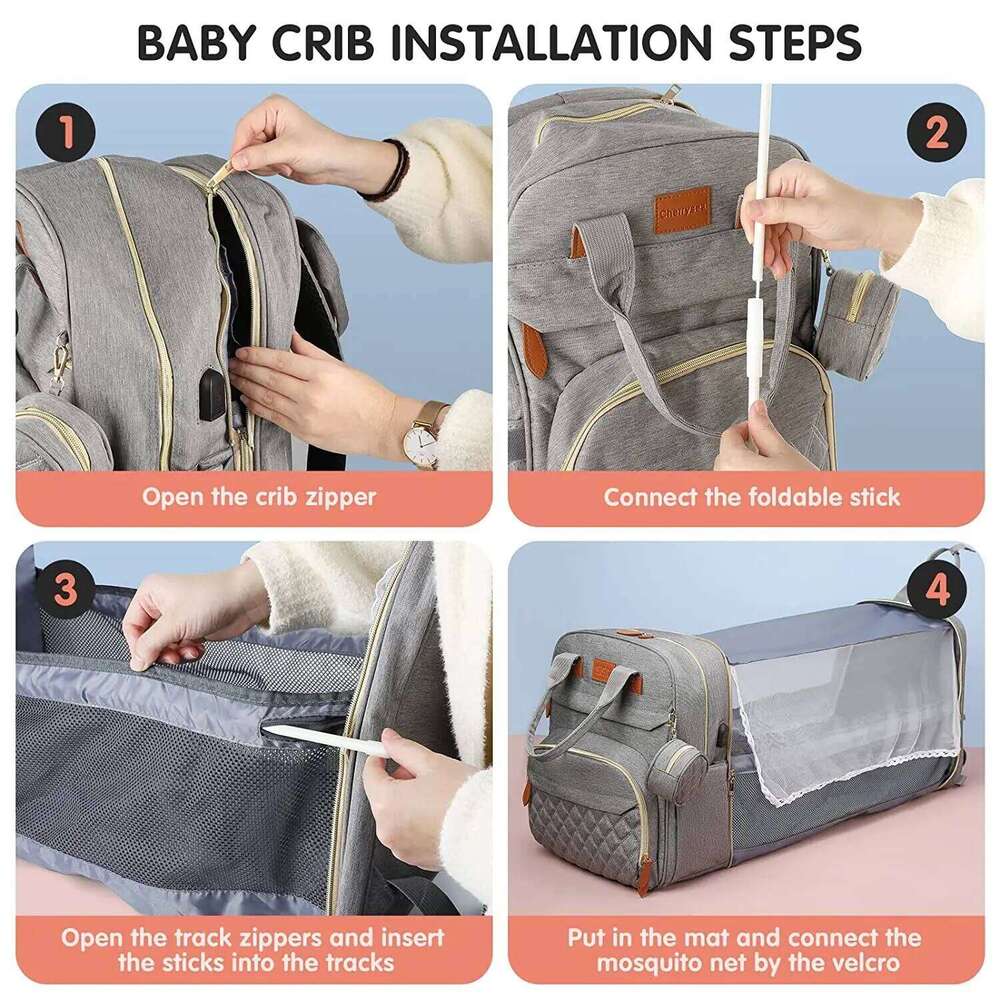 In 1 Foldable Baby Waterproof Travel USB Charge Diaper Bag Backpack with Changing Bed 3 types Z260304