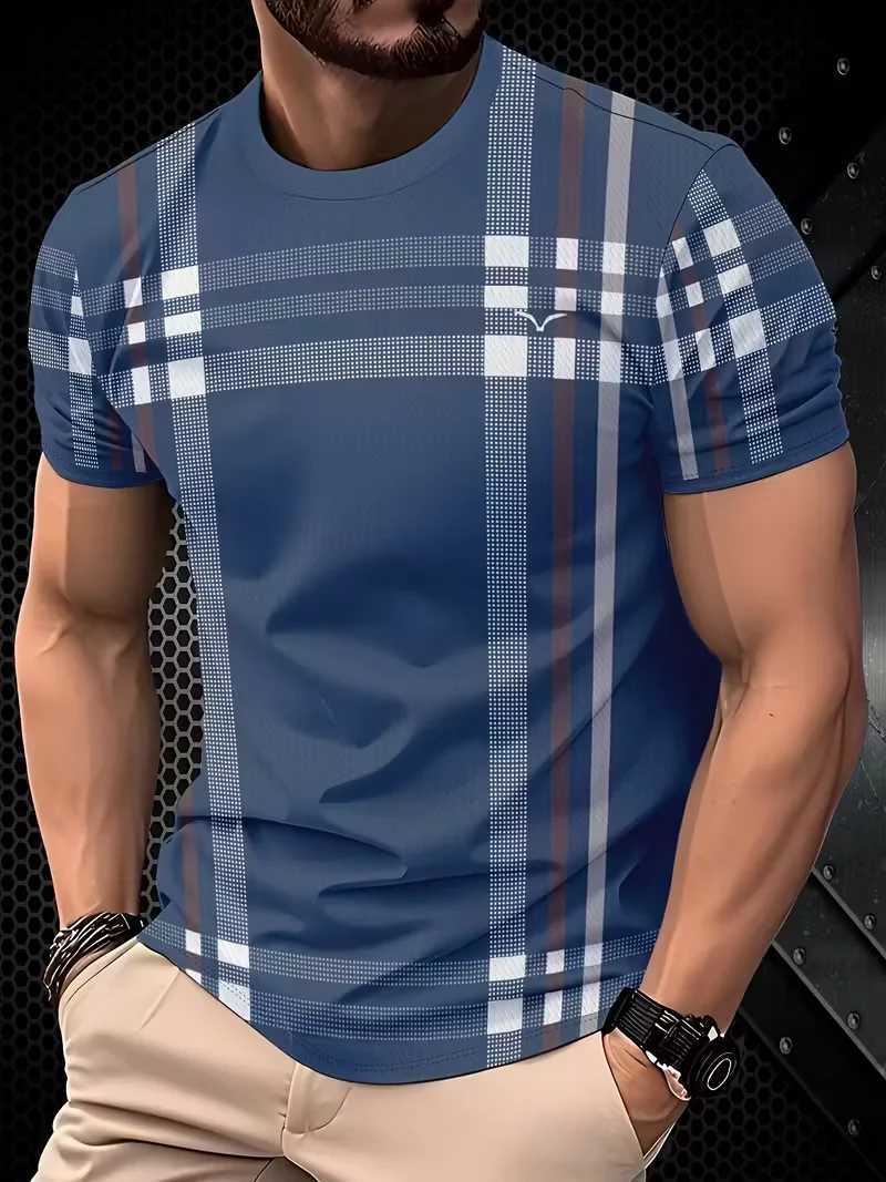 Mens Summer Plaid Striped T-Shirt Beige Gray Color Block Slim Fit Casual Crew Neck Tee for Daily Wear M260305