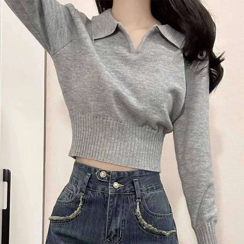 Korean Chic Turndown Collar Sweaters Female Gray Slim Fit Long Sleeve Cropped Sweater for Woman Streetwear Knit Pullovers XJ260305