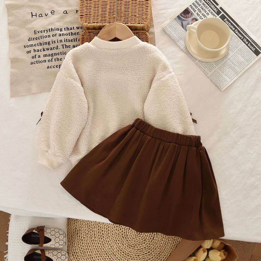 Khaki Fashion Autumn Winter New 3-7 Year Old Girls' Round Neck Long Sleeve Bow Top+pleated Skirt Two Piece Set Korean Version Z260304