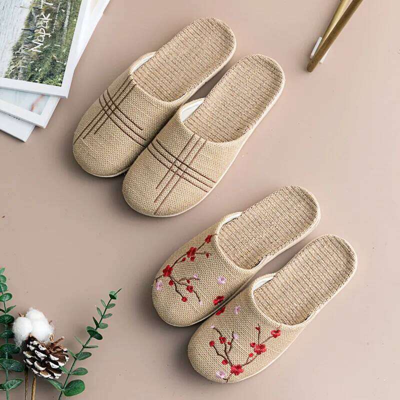Chinese Style Indoor Linen Slippers For Women Men 2025 Spring Summer Shoes Ani-slip Light Weight Embroidery Couples Home Slides