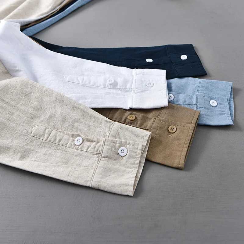 Cotton Linen Shirt Japanese Style Mandarin Collar Long Sleeve Casual Loose Fit Button-Up Shirt Mens Retro Camping Fishing M260305
