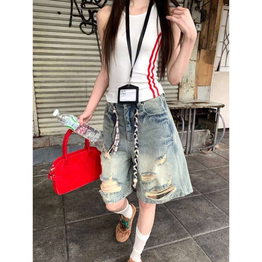 2025 Autumn American Vintage Washed Distressed Denim Shorts New Women's Wide-leg Straight Knee Length Pants Casual Streetwear XJ260305