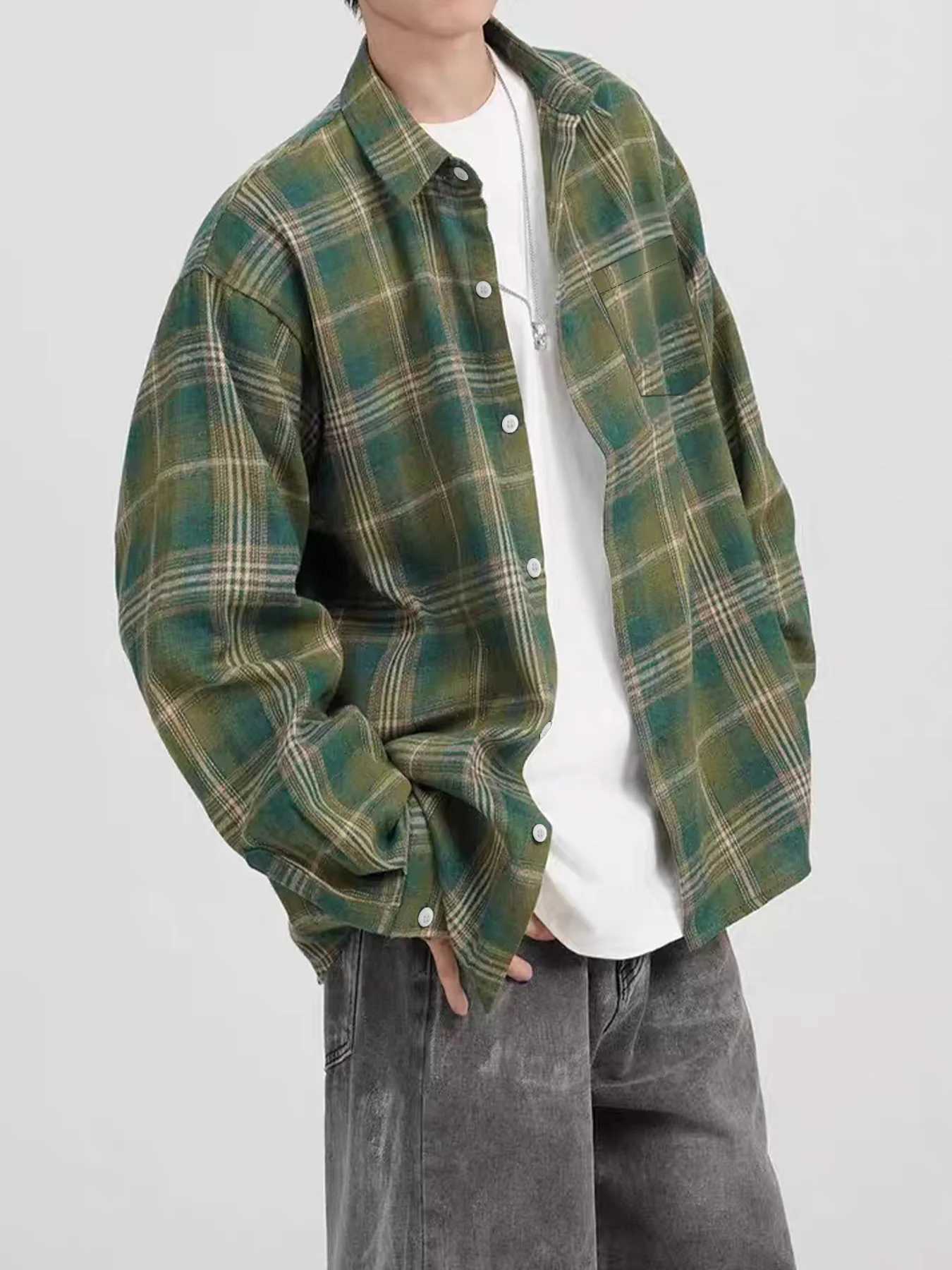 American-style autumn vintage mens shirt new casual spring and autumn plaid trendy versatile long-sleeve shirt M260305