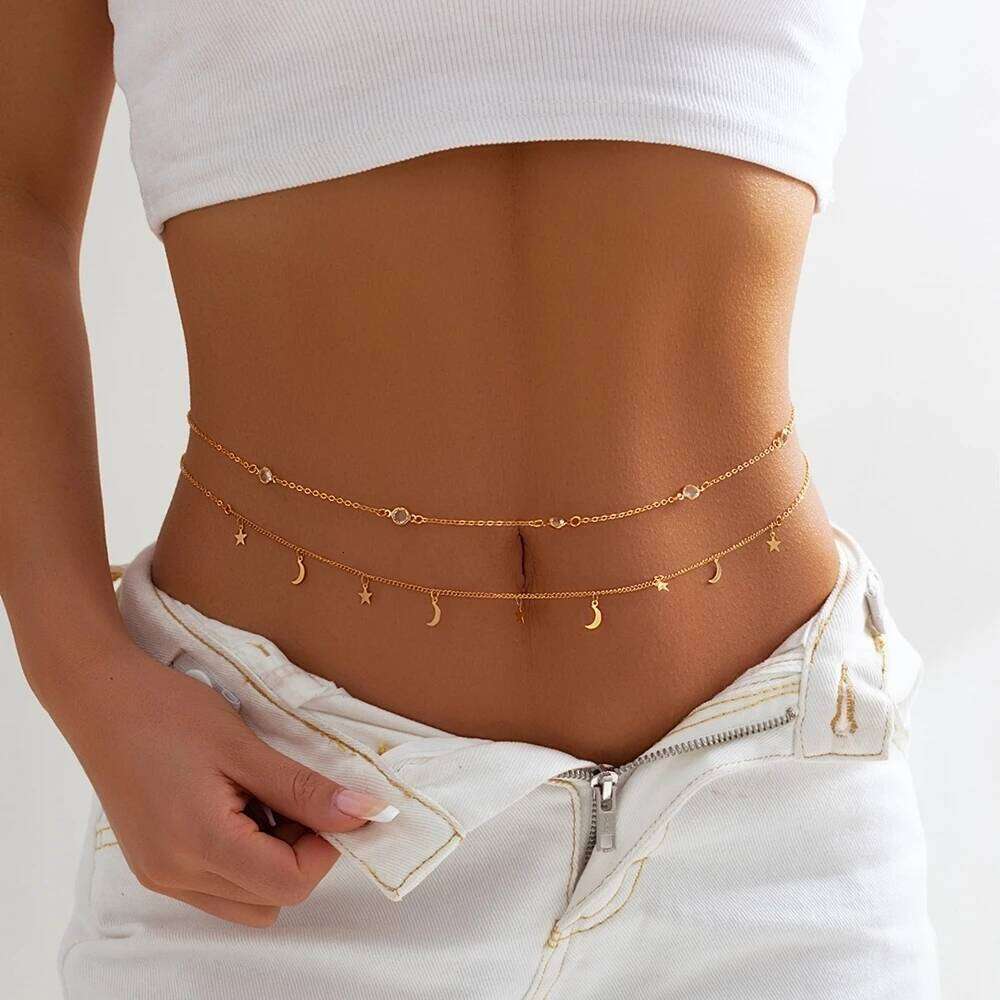 2 Pcs Fashion Simple Jewelry Sexy Rhinestone Gold Color Star Moon Tassel Belly Chains For Waist S260304