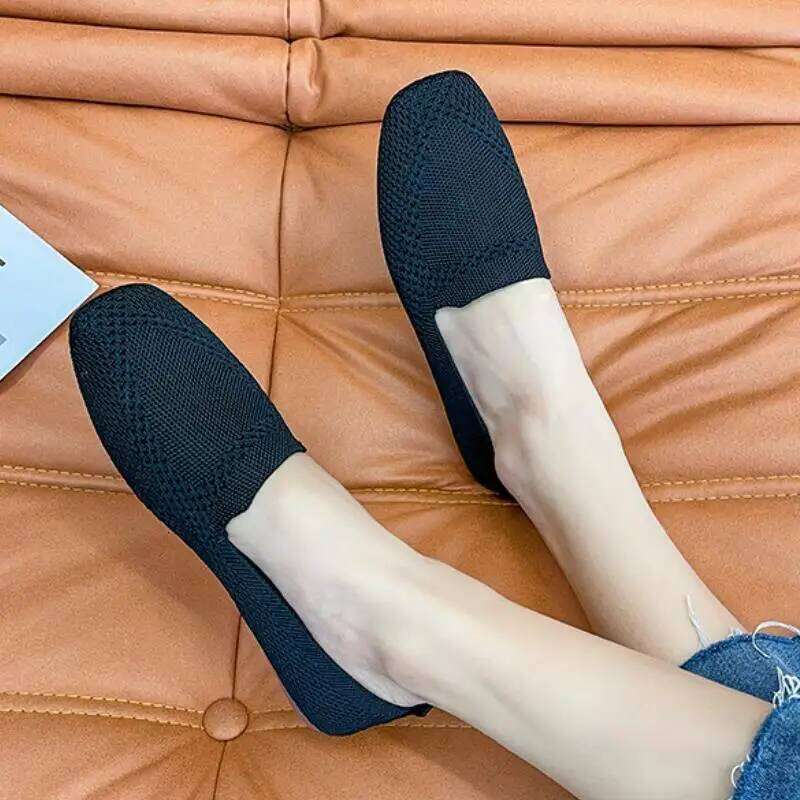 Spring and Autumn Fashion Leisure Women's Flat Square Toe Knitting Elastic Comfortable Slip-on Boutique Shoes