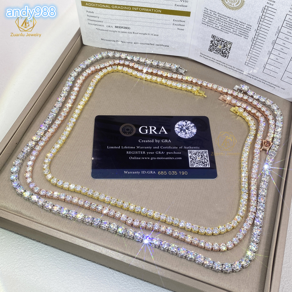 RTS 925 Sterling Silver Moissanite Necklace 2mm-5mm Hiphop Ice Chain with Diamond GRA VVS Tennis Link Unique Jewelry Design