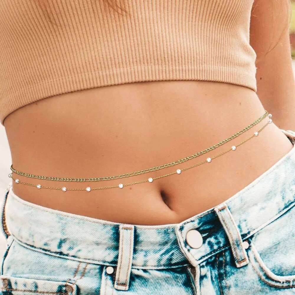 Bobisty 2pcs Belly Waist Chains for Women Waterproof Stainless Steel Pearl Beaded Seashell Body Chain Bracelet Jewel S260304