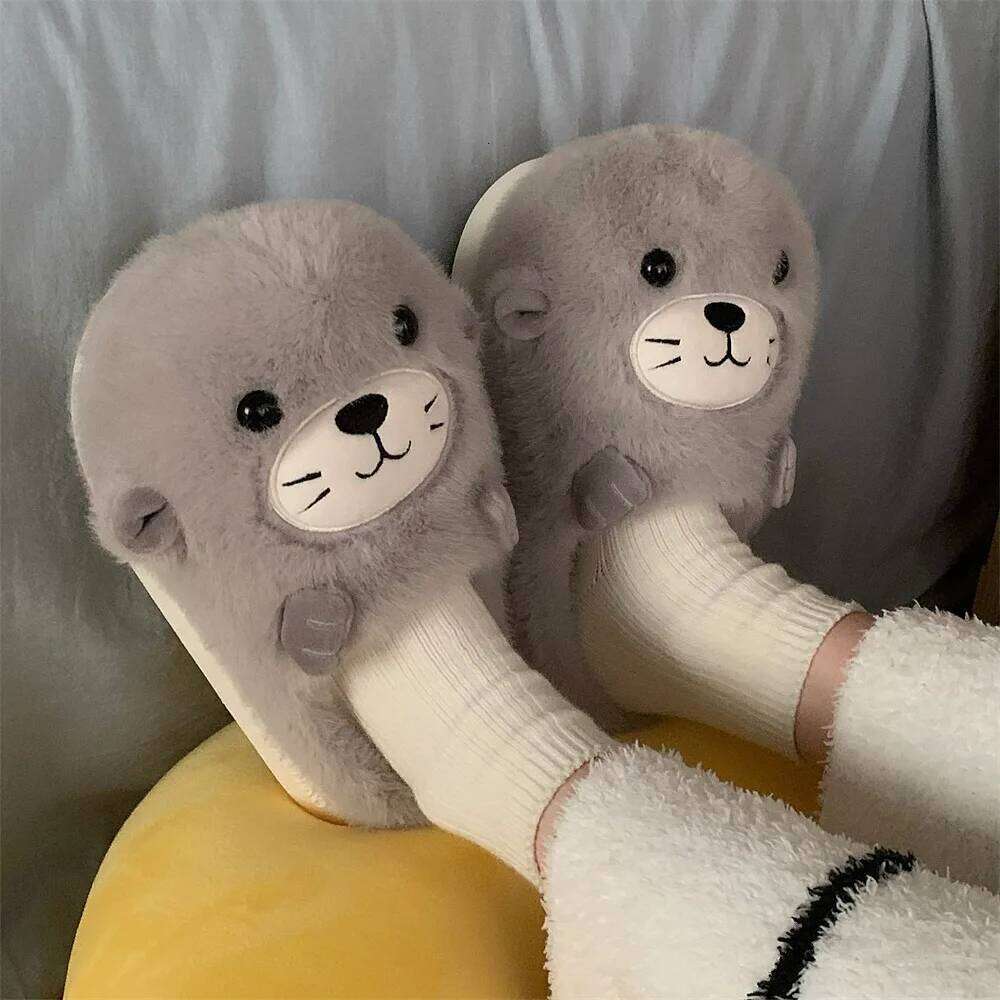 Cute Cartoon Seal Indoor Fluffy Slippers For Women Men Winter House Shoes Soft Plush Anti-slip Lovers Home Floor Cotton Slides