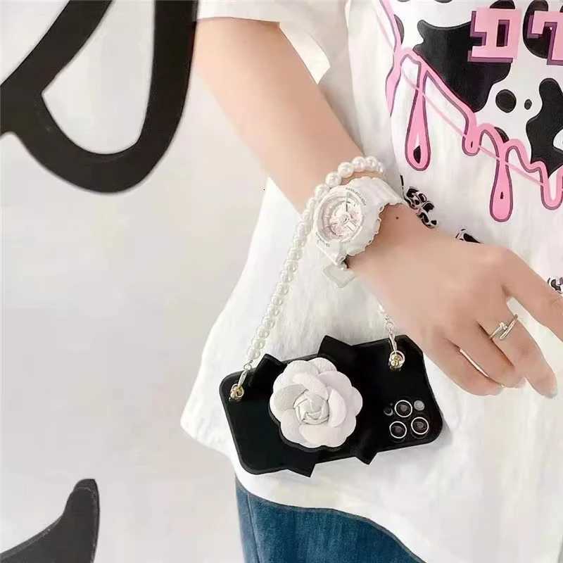 Luxury 3D Camellia Rose Silicone Phone Case with Pearl Bracelet Lanyard For iPhone 16 15 14 Plus 13 12 11 Pro Max | Anti-drop CoverT260305