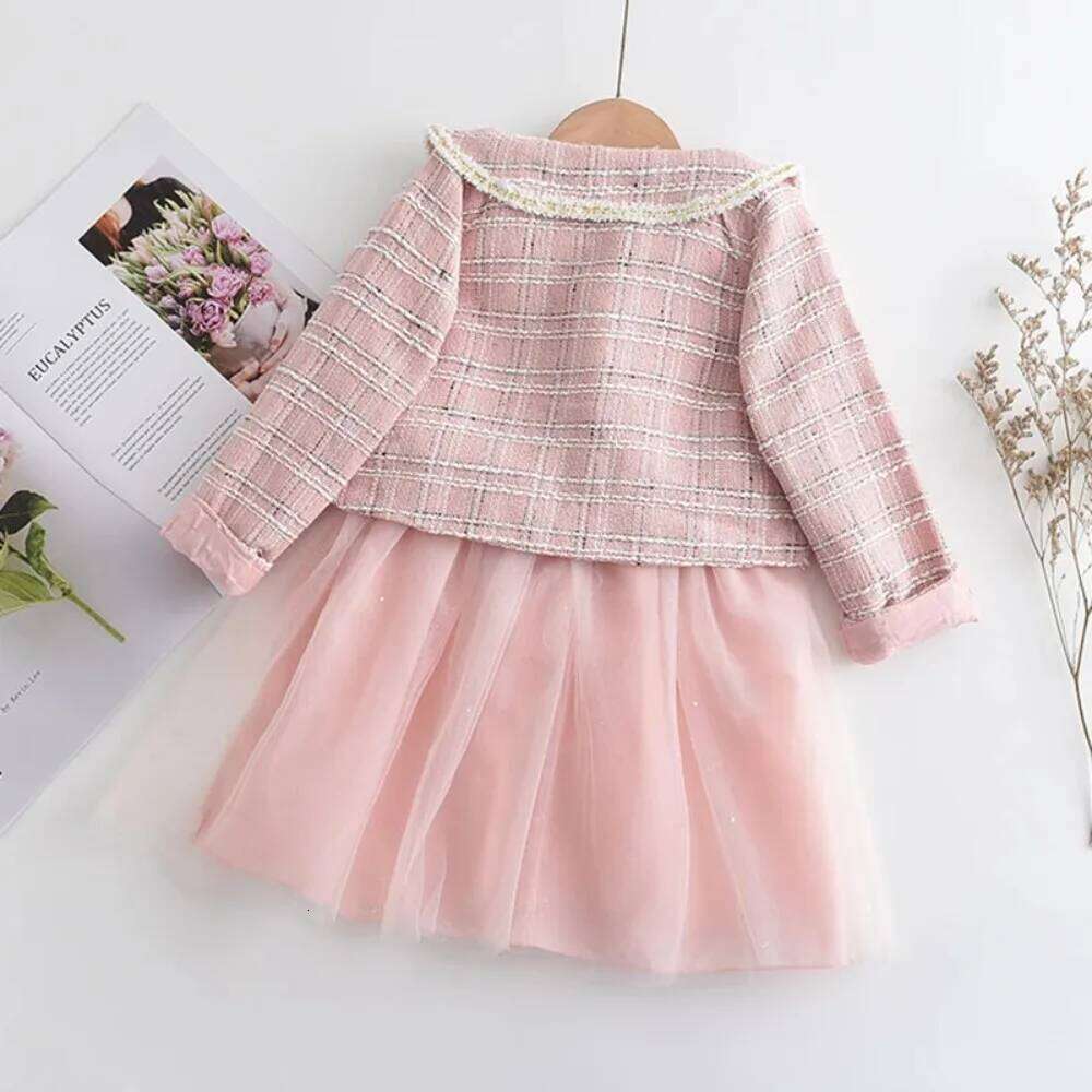 Autumn New Korean Version Clothes of Girls' Sleeveless Mesh Vest Dress+lapel Plaid Long Sleeved Jacket Two-piece Set Z260304