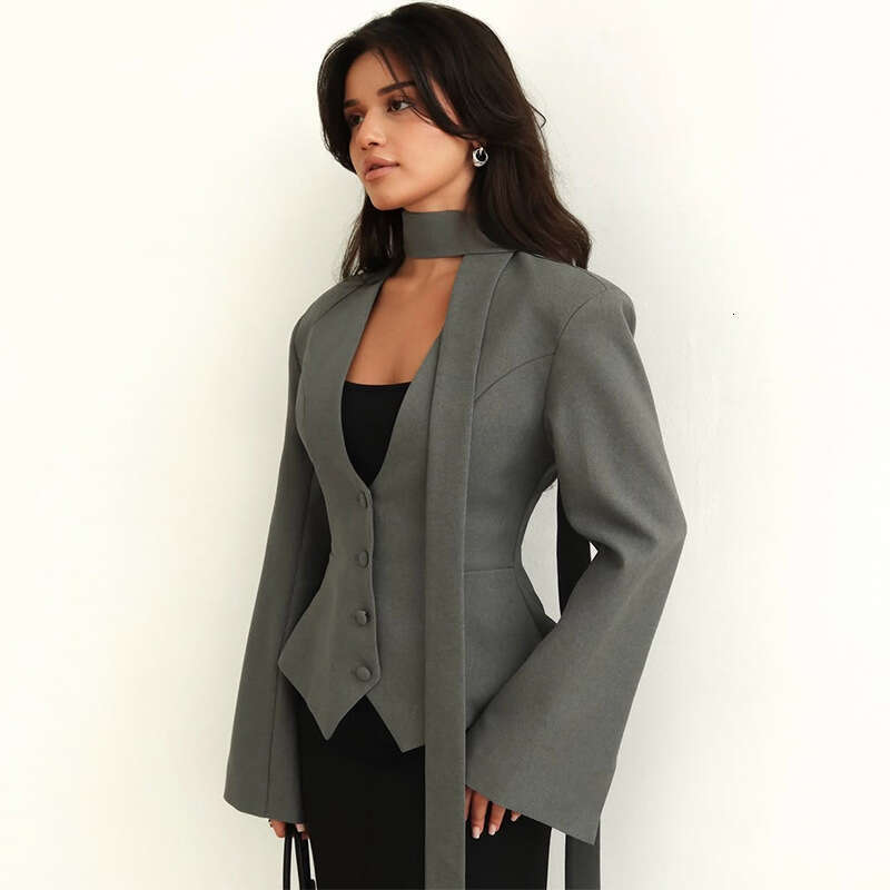 2025 New Fashion Solid Color V-Neck Scarf Decorated Long Sleeve Casual Blazer Jacket Top