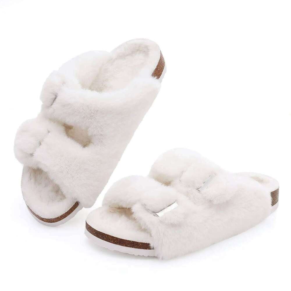 Kidmi New Fashion For Women Indoor Fluffy Slippers With Adjustable Metal Buckle Arch Support Comfort Cork Insole Slides
