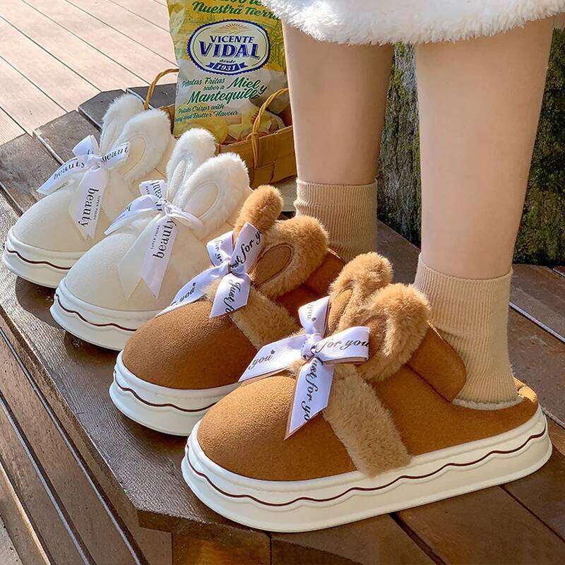 Faux Suede Women's Winter Home Rabbit Bow Cotton Slippers for Warmth, New Thick Soled Princess Style