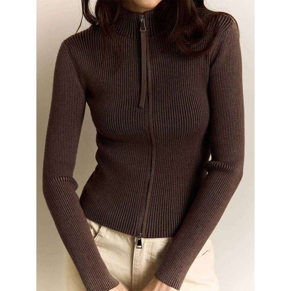 Trendix Women Winter Knit Cardigan Fashion Stand Collar Patchwork Long Sleeve Zipper Sweater Femme Slim Knitted Rib Cardigans XJ260305