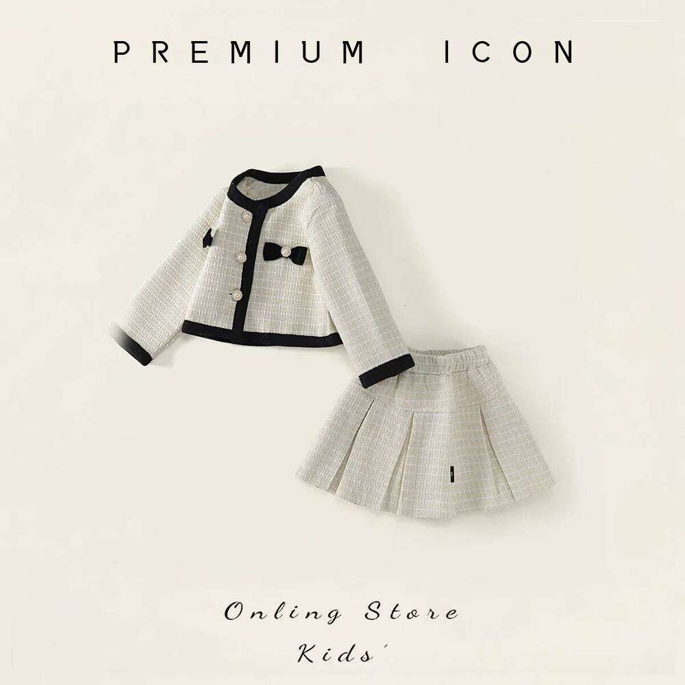 Autumn 2-8Yrs Two-piece Clothes Set Round Collar Children Outerwear Suits Infant Babys Girls Pleated Skirts Outfits Z260304