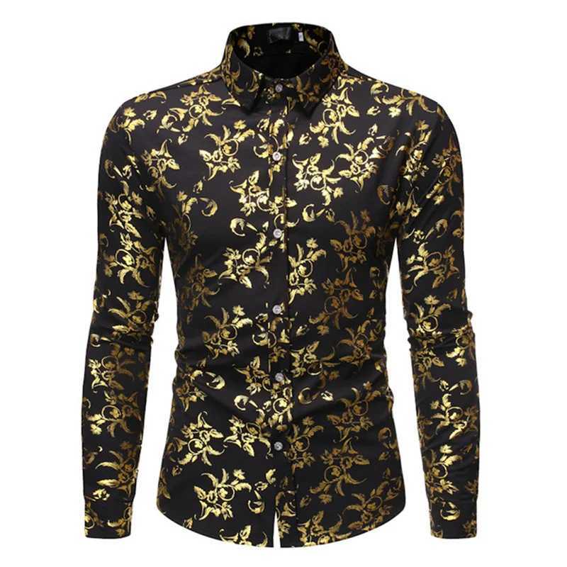 Long Sleeve Hawaiian Shirts Golden Floral Shirts Men Fashion Shirt Casual Beach Blouse Bussiness Camisa Mens Clothing Button Up M260305