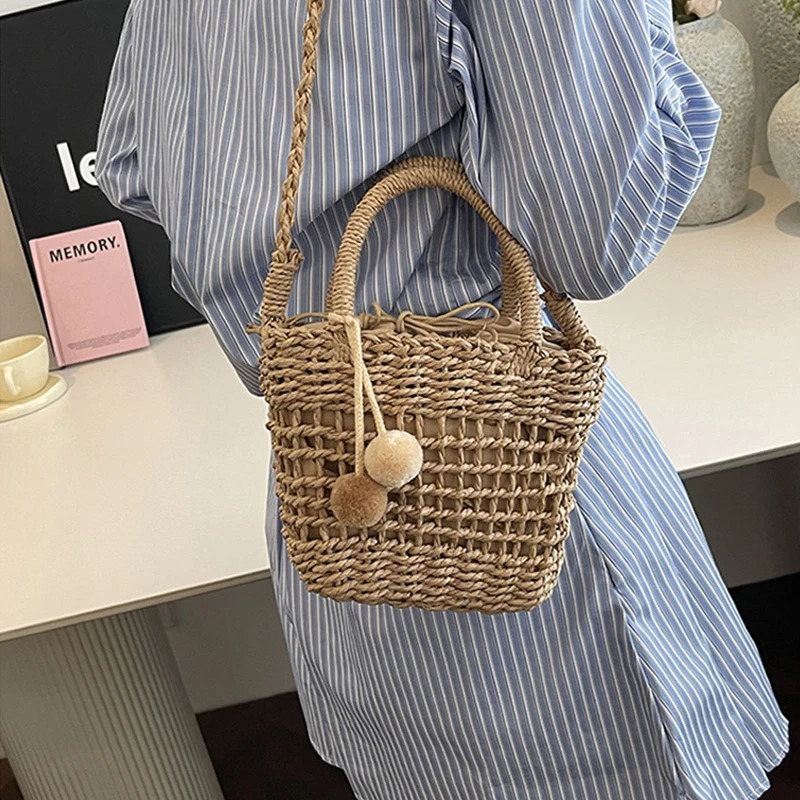 Grass Woven Rattan Storage Basket Crossbody Bag Handmade Straw Woven Basket Small Handbags Beach Shoulder Bag 260303