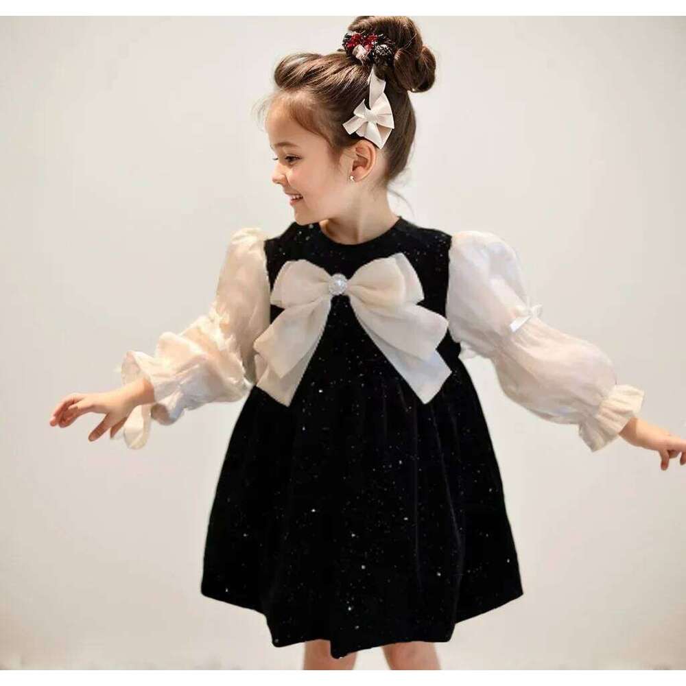 Autumn for Girls Birthdays Spring French Style Black Outer Wear Sweet Princess Dress Bow Clothing Z260304