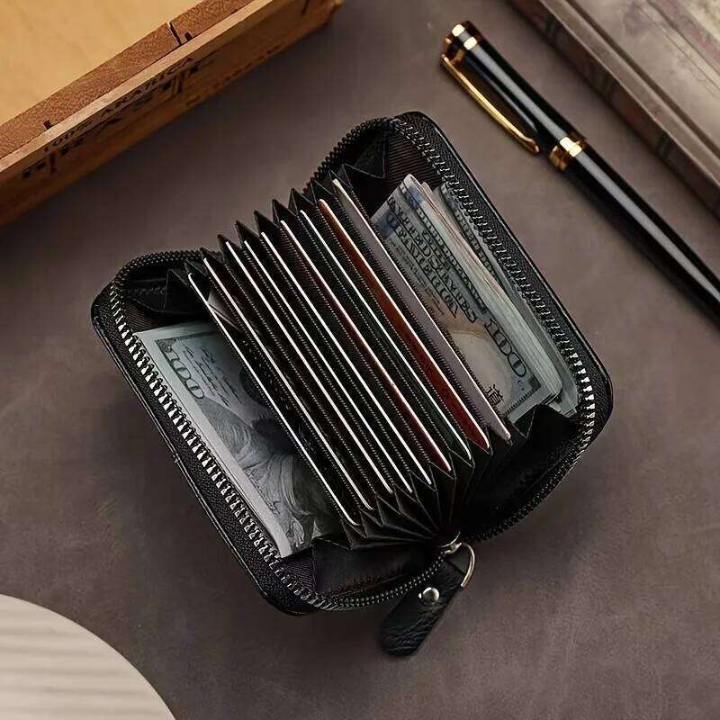 Vintage PU Leather Slim Wallet - Zipper RFID Blocking 11-Slot Card Holder, Retro Style Gift for Men & Women, Classic Design C260304