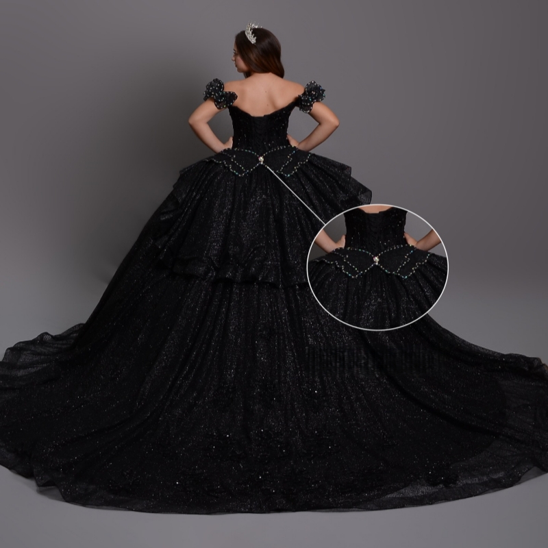 Black Shiny Quinceanera Dresses Ball Gown Off The Shoulder Sequin Beading Crystal Bow Corset Party Birthday Sweet 16 Dress Vestidos 15 De Anos
