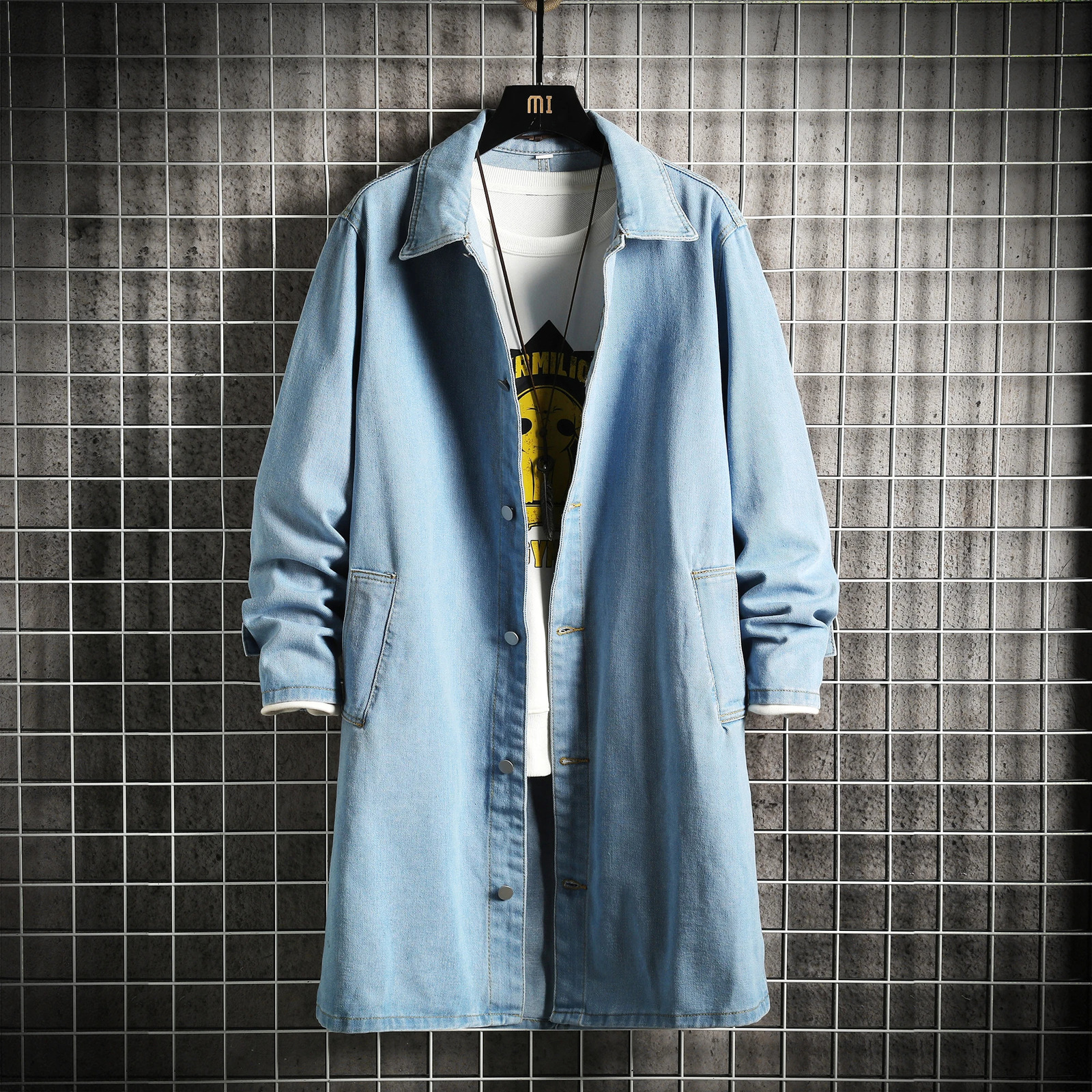 Spring Men Denim Jacket Loose MidLength Casual Coat Male TurnDown Collar Trenchcoat Korean Fashion Outerwear 260302