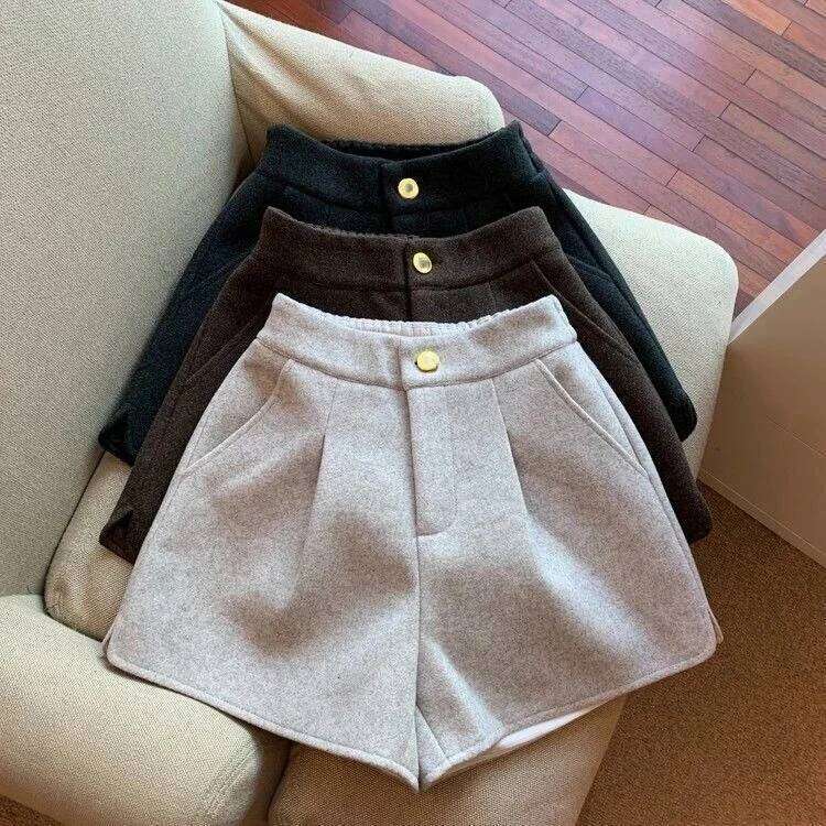 Autumn Winter Shorts Women Simple Solid Pocket High Waist Split Wide Leg Short Pants Retro Fashion Versatile Ropa Mujer XJ260305