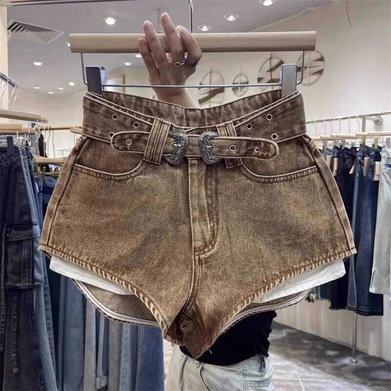 New Retro Design Denim Shorts Women High-waisted Lace-up Jeans with Belt Pockets XJ260305