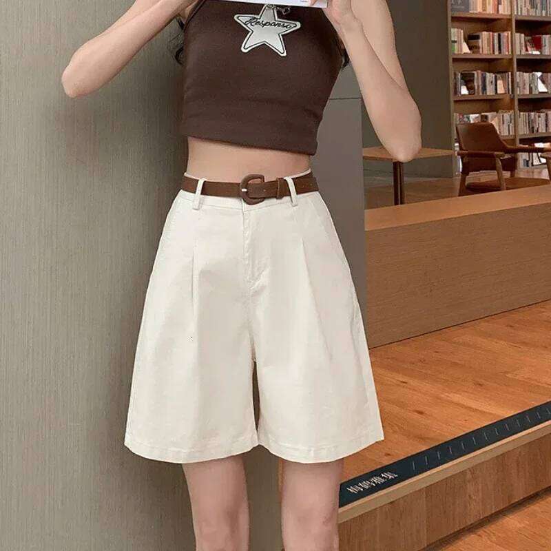 Summer Women's Wide Leg Shorts High Waist Loose Straight Suit Pants with Belt Korean Casual Buttons Bermuda Short women XJ260305