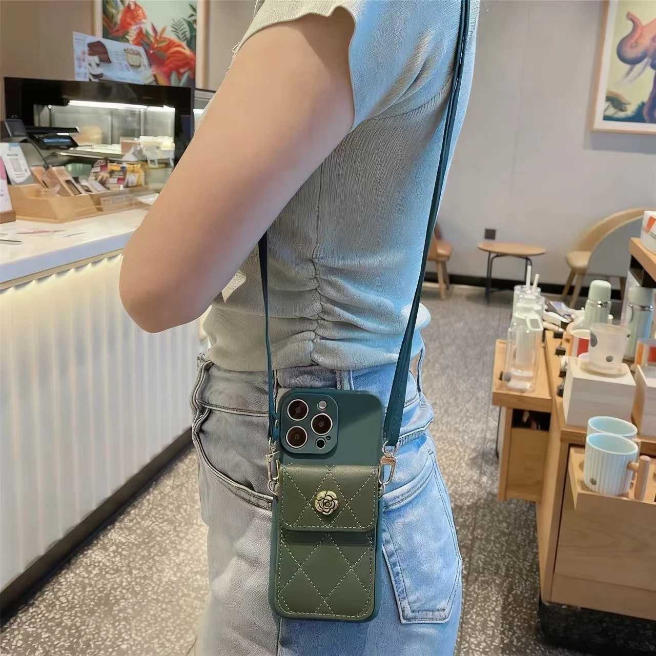 Luxury Camellia Quilted Wallet Crossbody Lanyard Phone Case For iPhone 6 7 8 Plus 6s X Xs Max Xr SE | TPU Leather Card Holder CoverT260305