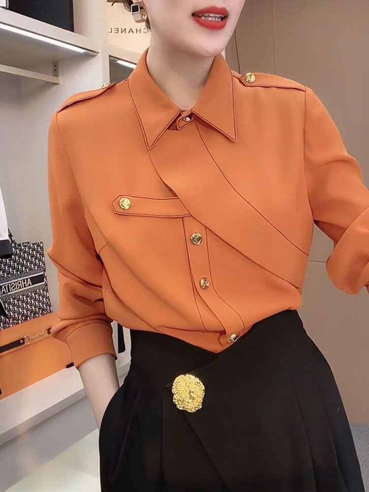 Bohohipei Womens Lapel Blouses Spring Autumn Long Sleeves Loose Fashion Buttoned Casual Office Shirts Tops 240815