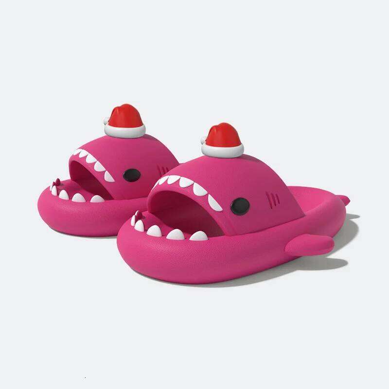 Funny Christmas Party Shark Slippers For Women Men Cute DIY Red Hat House Shoes Soft EVA Thick Sole Couples Indoor Street Slide