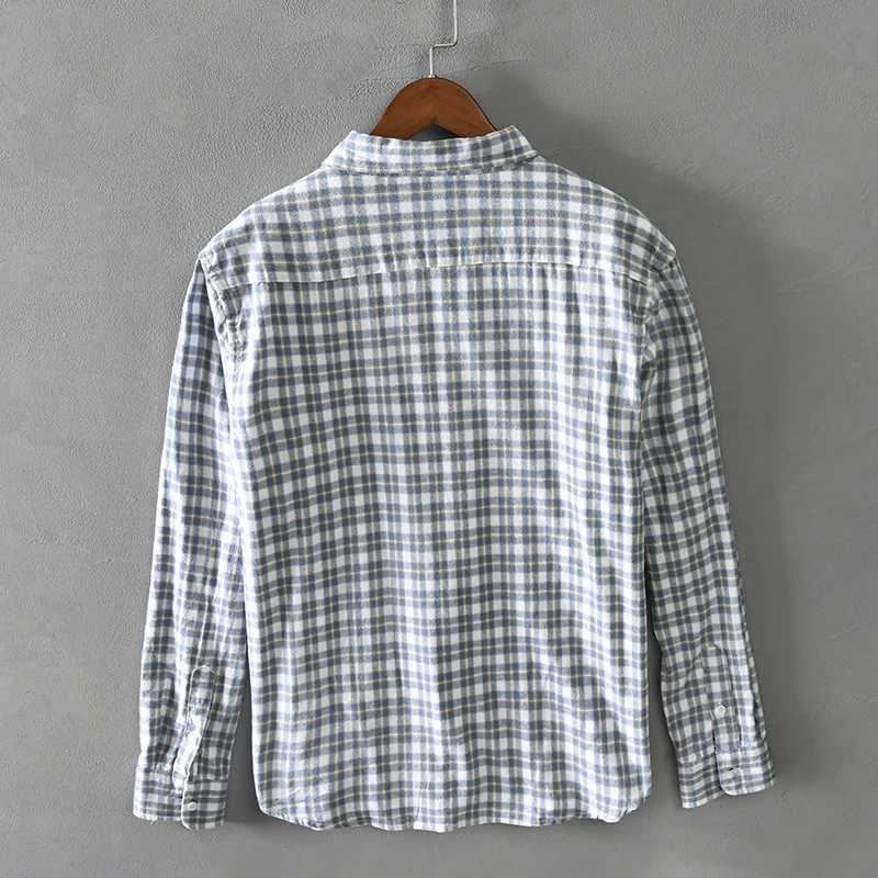 100 Cotton Shirts Grey Plaid Shirt For Men Korean 2022 Fall Casual Long Sleeve Pocket Tops Shirts M260305