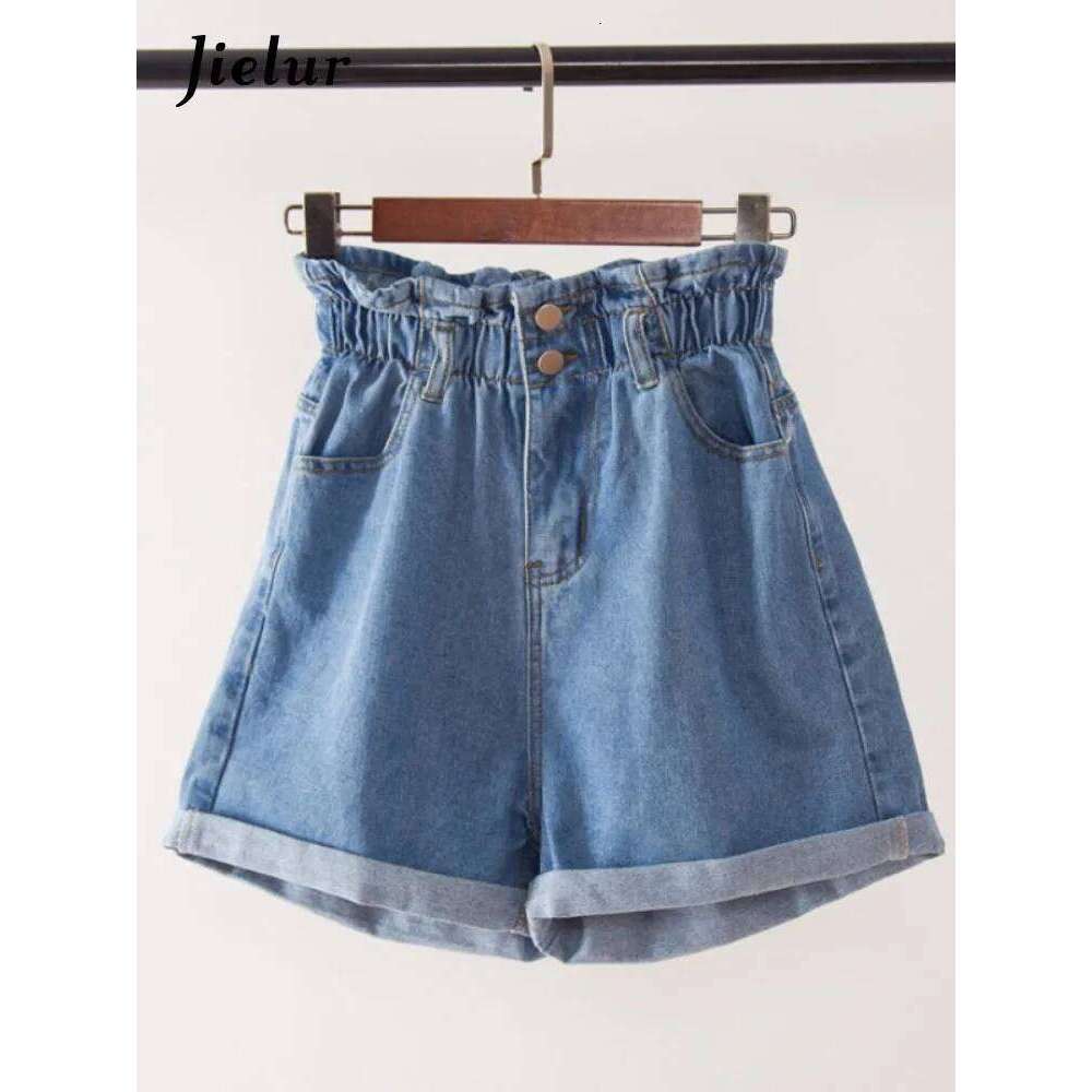 Jielur Summer Black Denim Women S-5XL Harem Ruffled White Blue High Waisted Shorts Female Elastic Short Jeans XJ260305