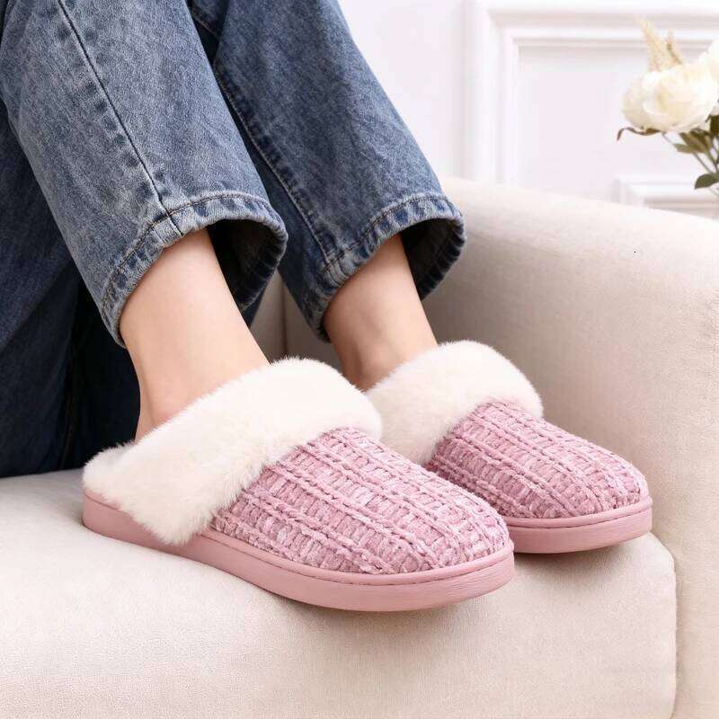 Kidmi Women Fleece Lined Warm House Cotton Slippers Non-slip Cozy Fluffy Plush Knit Slides Casual Memory Foam Bedroom Flat Shoes