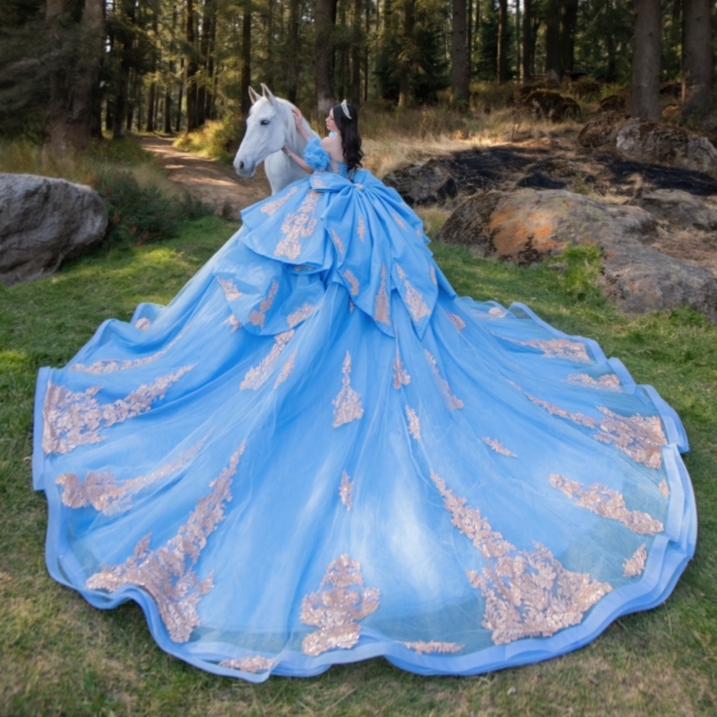 Blue Shiny Quinceanera Dresses Ball Gown Off The Shoulder Applique Lace Beading Crystal Bow Tull Corset Party Birthday Sweet 16 Dress Vestidos 15 De A